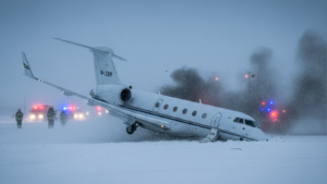 Imagem ilustrativa sobre Avião executivo capota na pista durante nevasca e deixa sete mortos