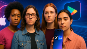 Imagem ilustrativa sobre Grupos feministas e de fiscalização pedem que Apple e Google retirem X e Grok de suas lojas