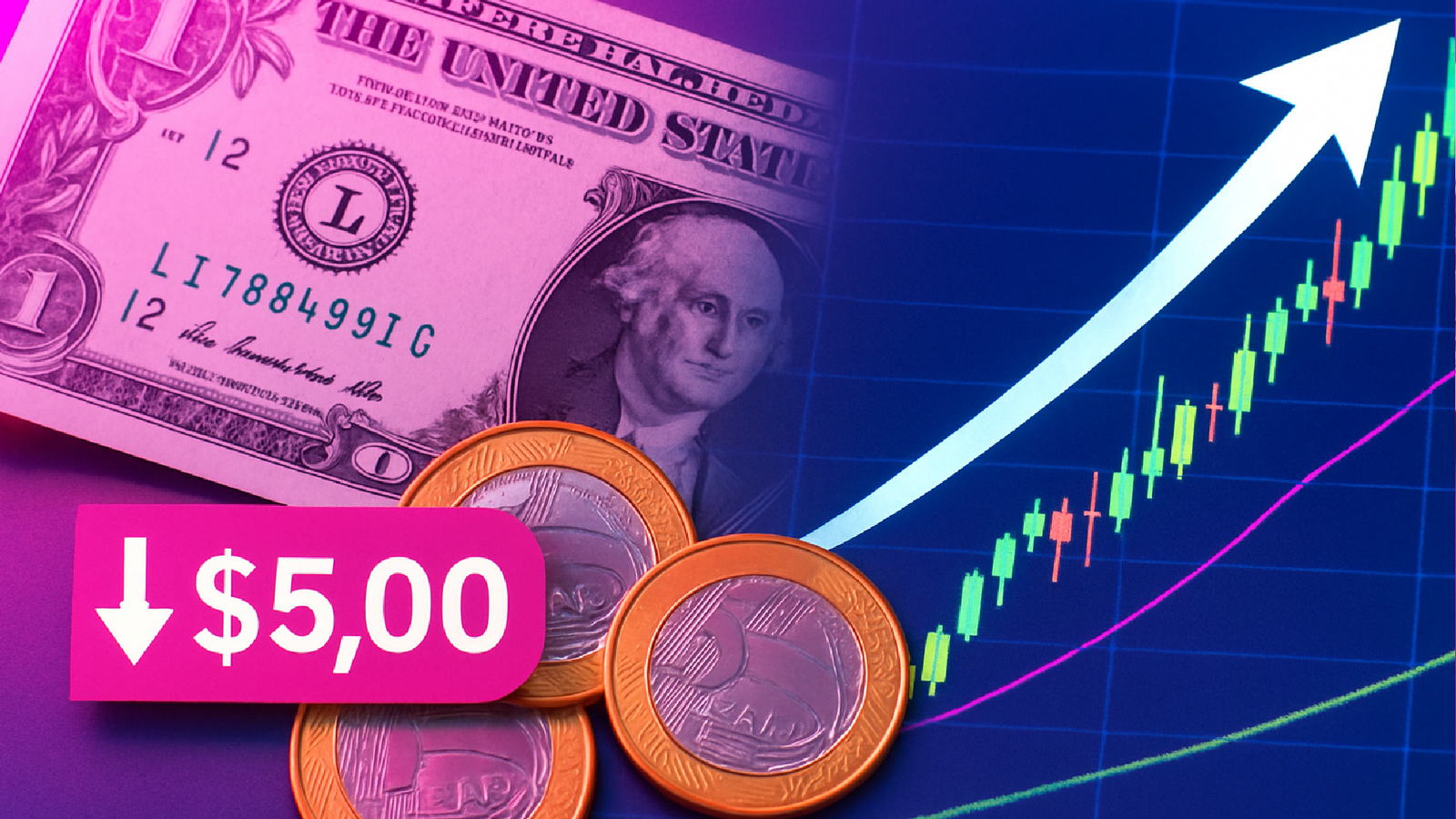 Imagem ilustrativa sobre Dólar cai a R$ 5,00, e Ibovespa sobe mais de 1% mesmo com ameaça de tarifa